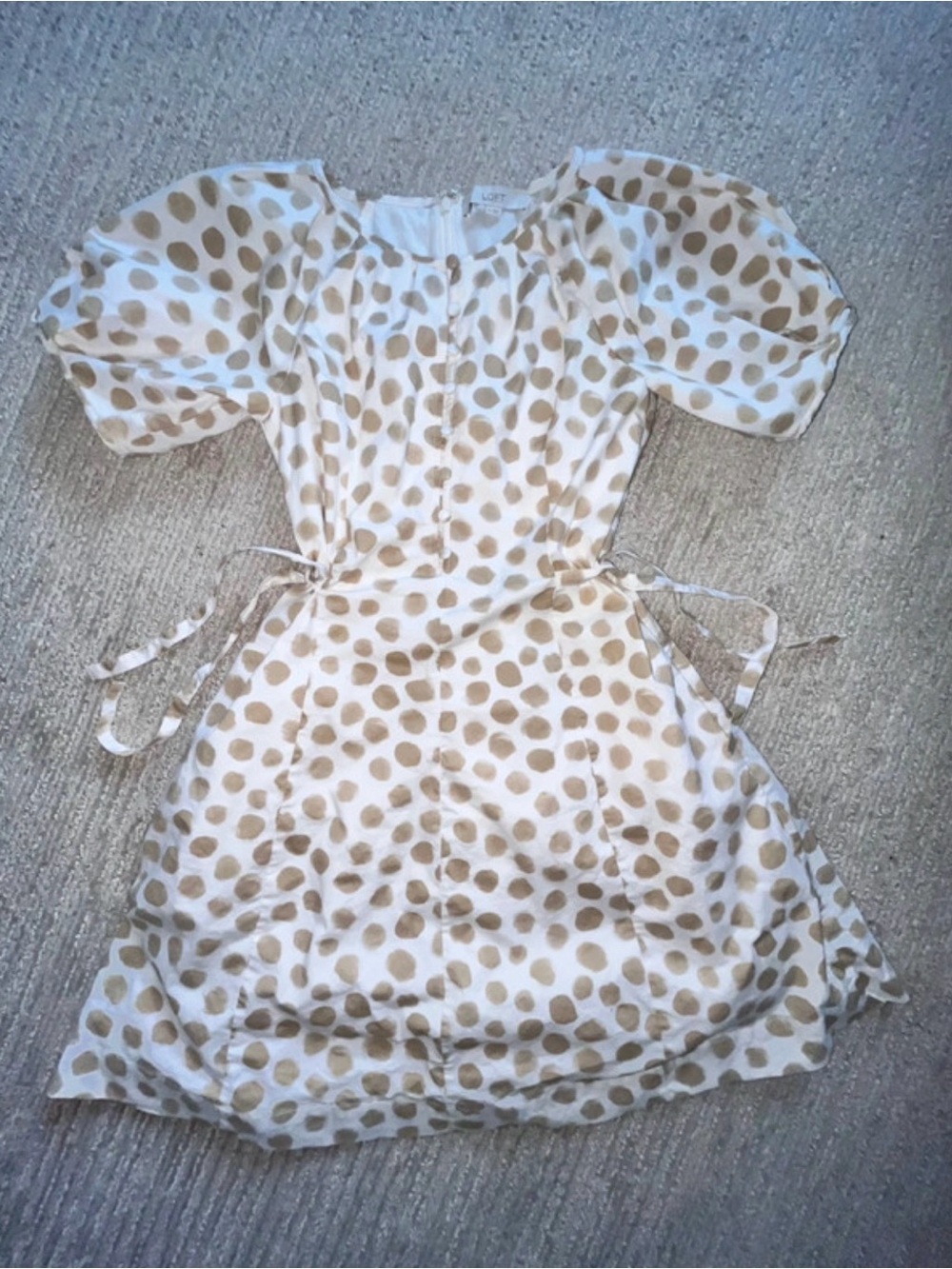LOFT Cream Dress with Tan Polka Dots and Puff Sleeves